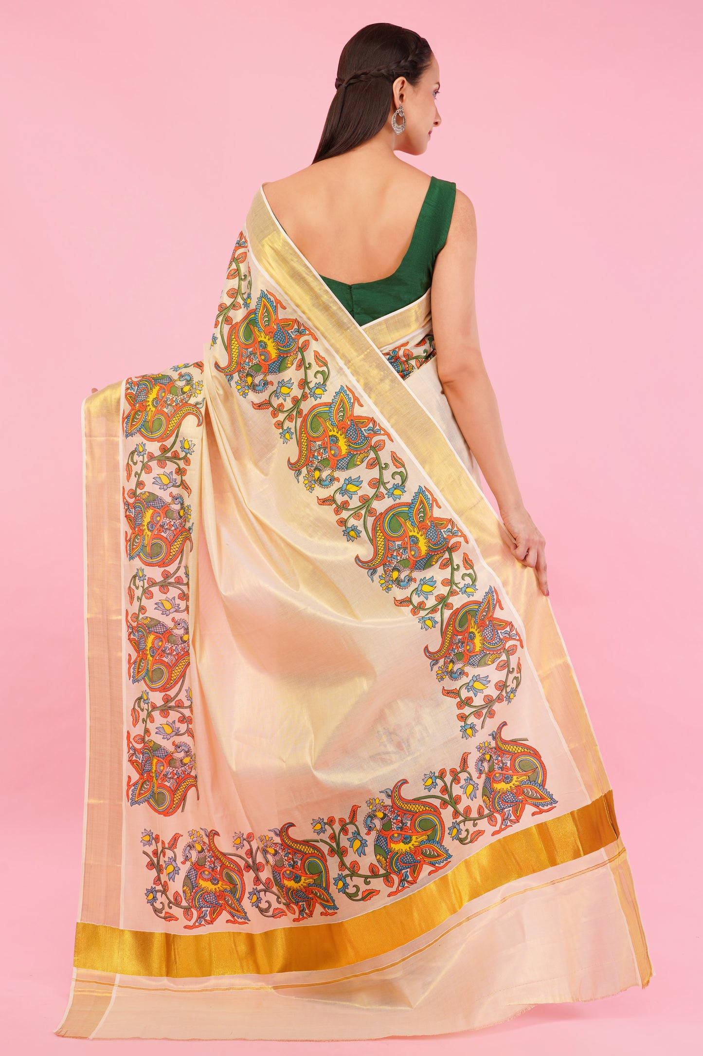 DhevStylish Kerala Kasavu Golden Tissue with Climber Dragon Print Design Saree with Running Blouse | Green, Red (Red, Gold)