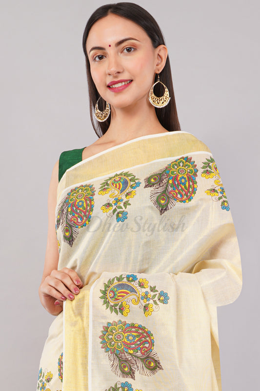DhevStylish Kerala Kasavu Golden Tissue with Flower Design Print Saree with Running Blouse | Green, Gold