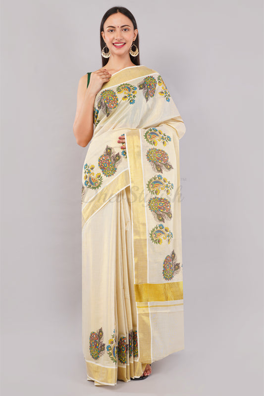 DhevStylish Kerala Kasavu Golden Tissue with Flower Design Print Saree with Running Blouse | Green, Gold