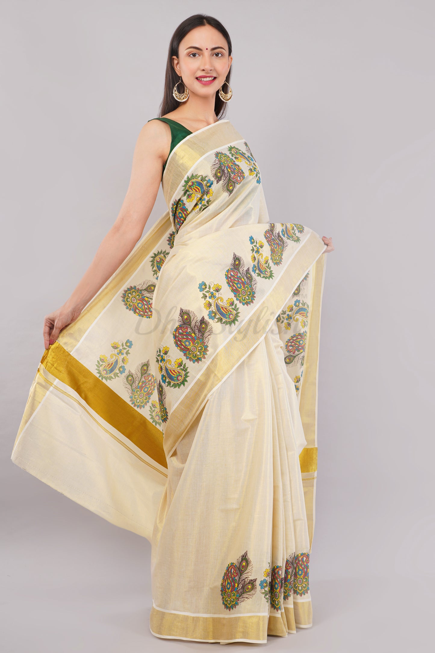 DhevStylish Kerala Kasavu Golden Tissue with Flower Design Print Saree with Running Blouse | Green, Gold
