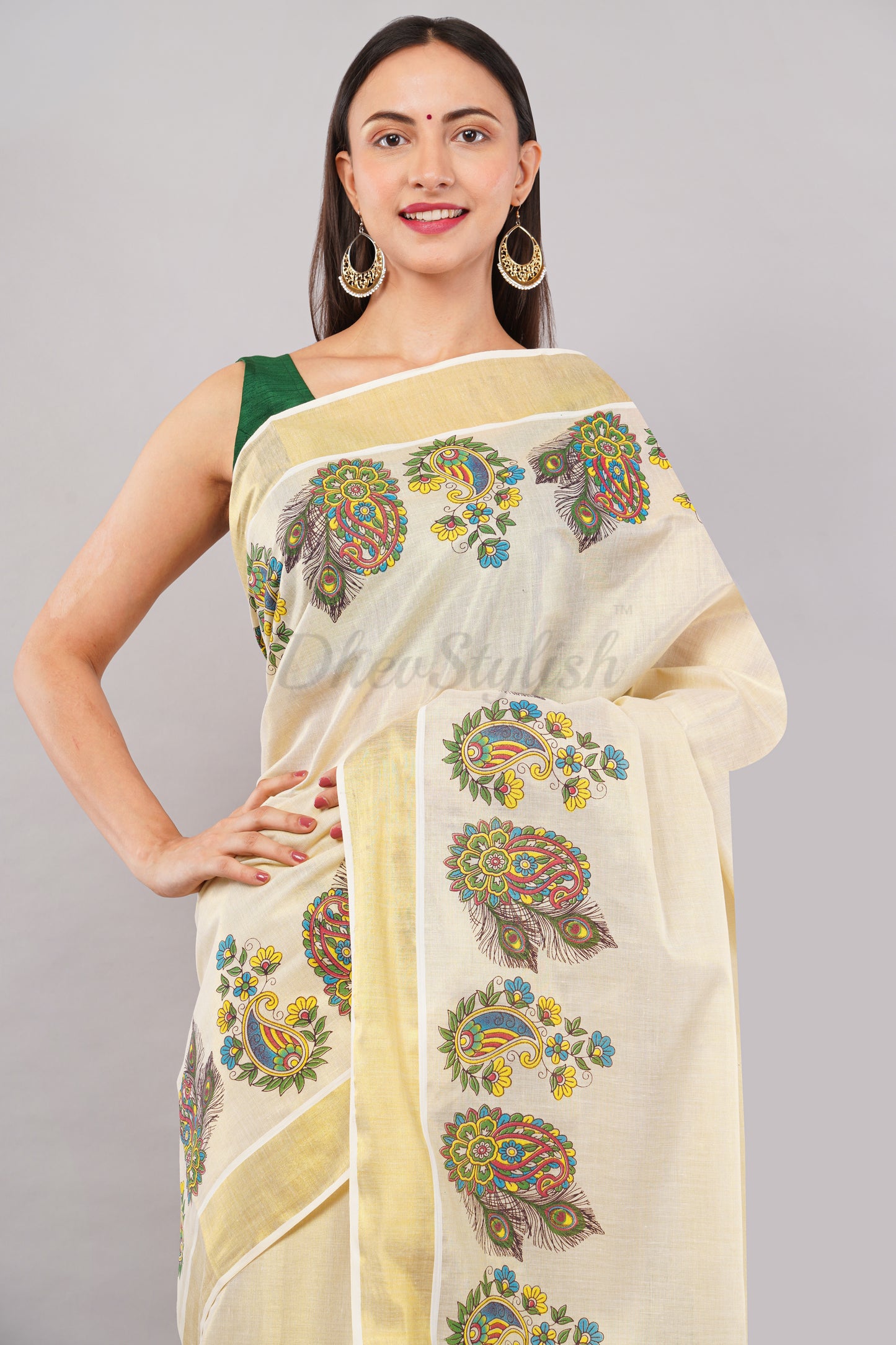 DhevStylish Kerala Kasavu Golden Tissue with Flower Design Print Saree with Running Blouse | Green, Gold