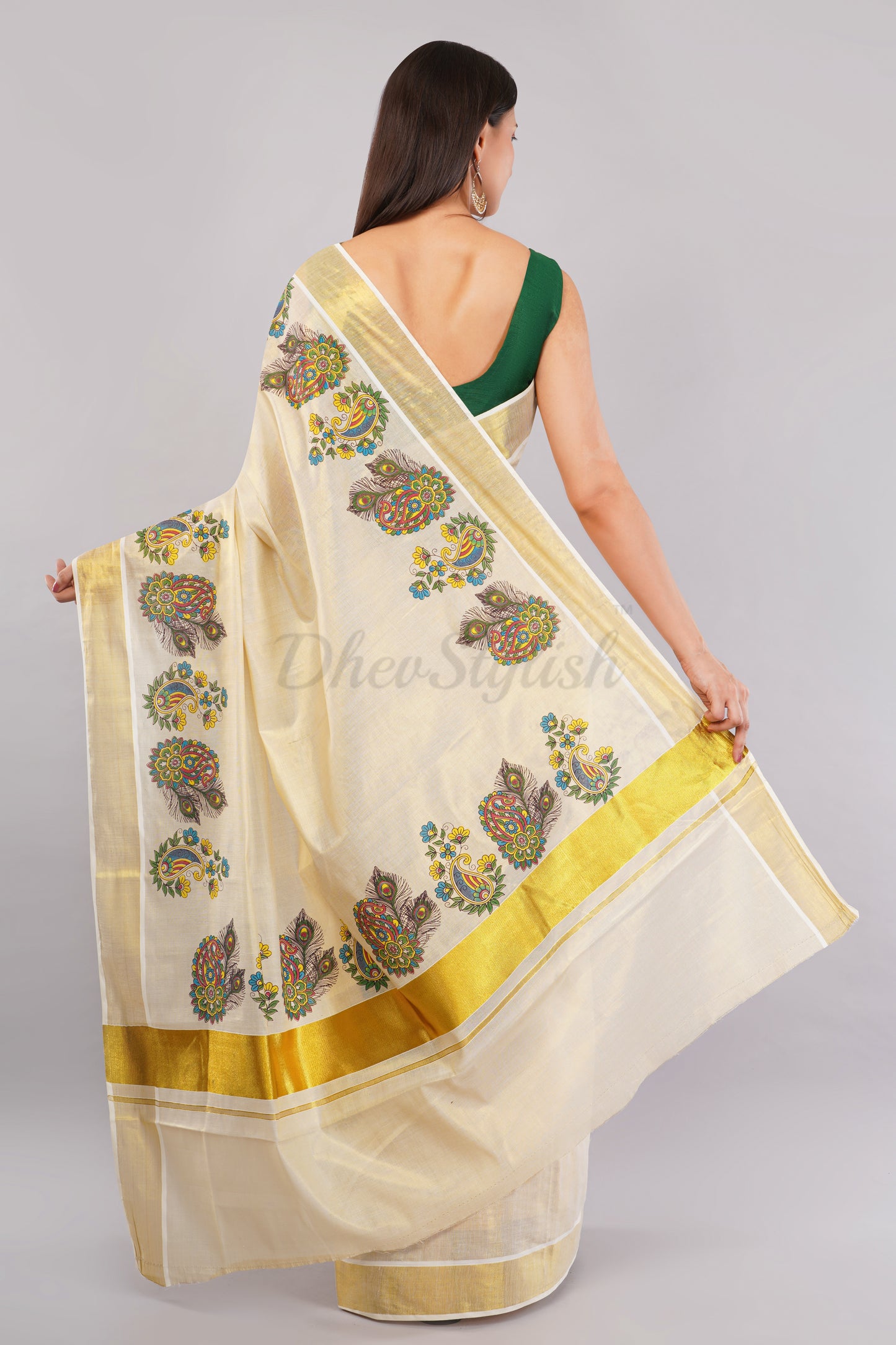 DhevStylish Kerala Kasavu Golden Tissue with Flower Design Print Saree with Running Blouse | Green, Gold