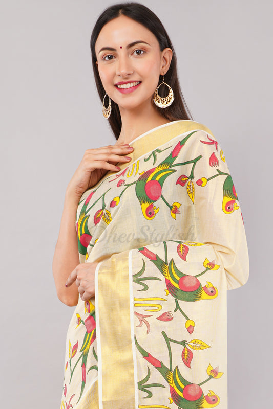DhevStylish Kerala Kasavu Golden Tissue with Parrot Fancy Design Print Saree with Running Blouse | Green, Red (Blue, Green)