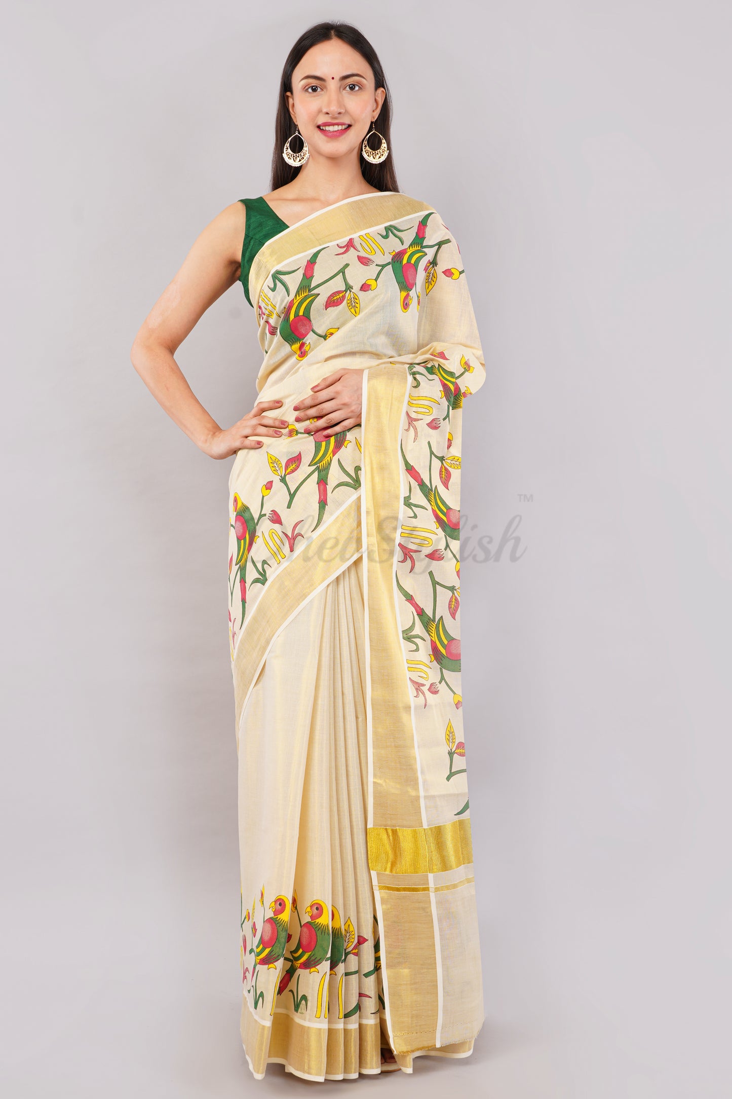 DhevStylish Kerala Kasavu Golden Tissue with Parrot Fancy Design Print Saree with Running Blouse | Green, Red (Blue, Green)