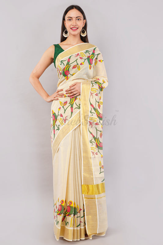 DhevStylish Kerala Kasavu Golden Tissue with Parrot Fancy Design Print Saree with Running Blouse | Green, Red (Blue, Green)