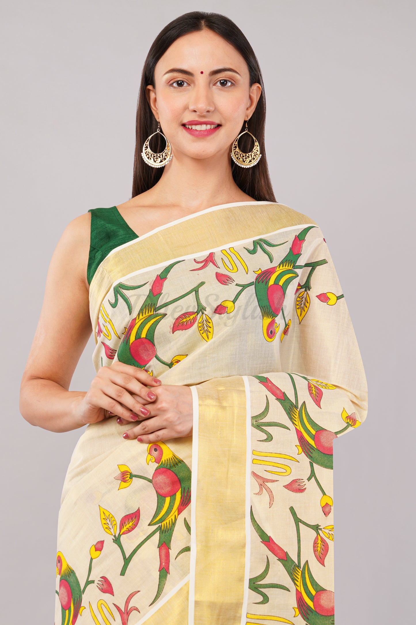 DhevStylish Kerala Kasavu Golden Tissue with Parrot Fancy Design Print Saree with Running Blouse | Green, Red (Blue, Green)