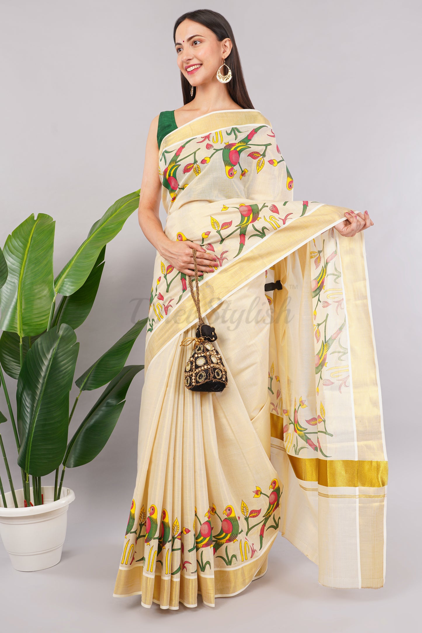 DhevStylish Kerala Kasavu Golden Tissue with Parrot Fancy Design Print Saree with Running Blouse | Green, Red (Blue, Green)