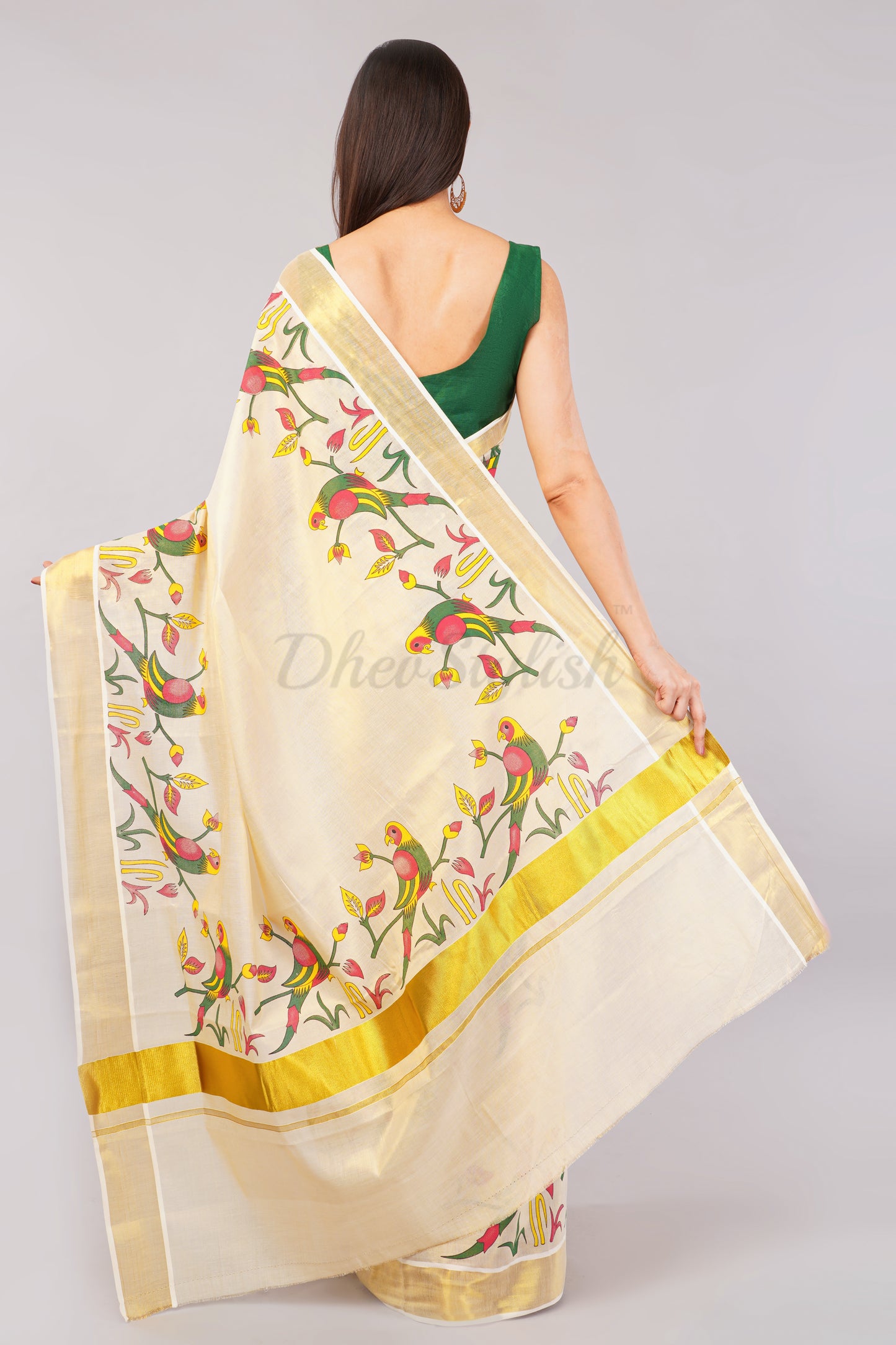 DhevStylish Kerala Kasavu Golden Tissue with Parrot Fancy Design Print Saree with Running Blouse | Green, Red (Blue, Green)