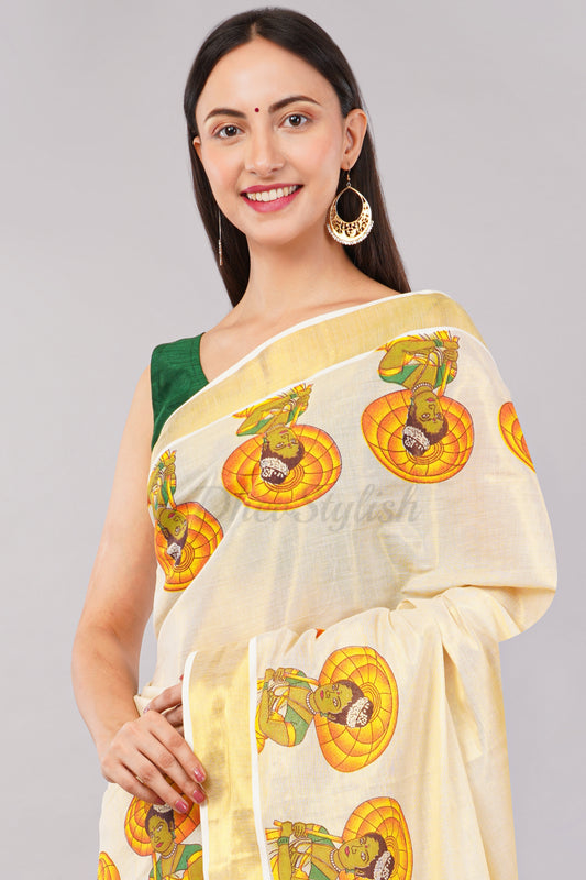DhevStylish Kerala Kasavu Golden Tissue with Umberlla Women Design Print Saree with Running Blouse | Green, Red (Red, Green)