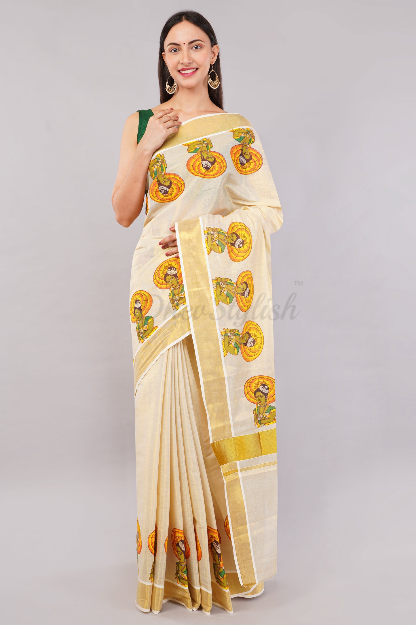 DhevStylish Kerala Kasavu Golden Tissue with Umberlla Women Design Print Saree with Running Blouse | Green, Red (Red, Green)