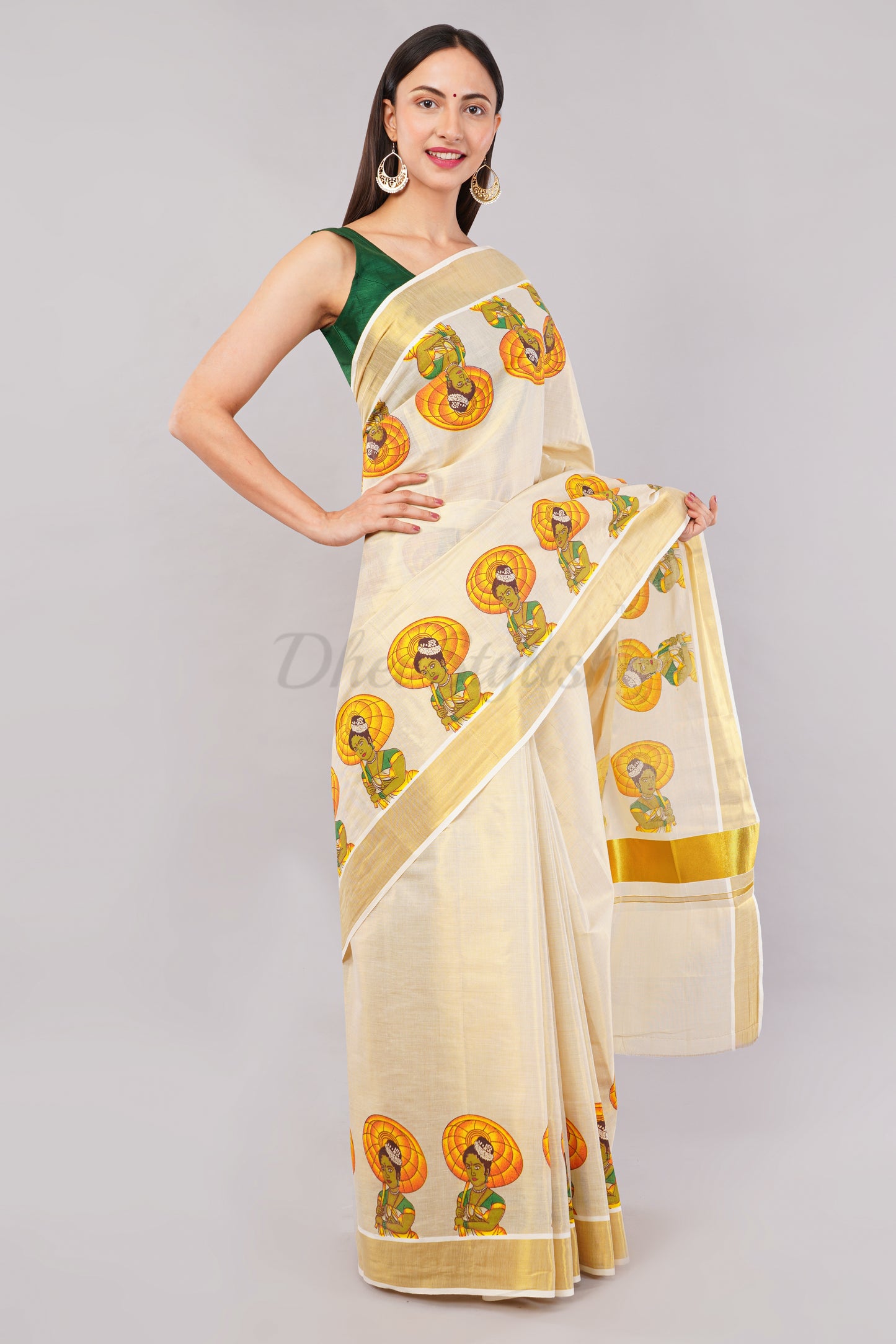 DhevStylish Kerala Kasavu Golden Tissue with Umberlla Women Design Print Saree with Running Blouse | Green, Red (Red, Green)