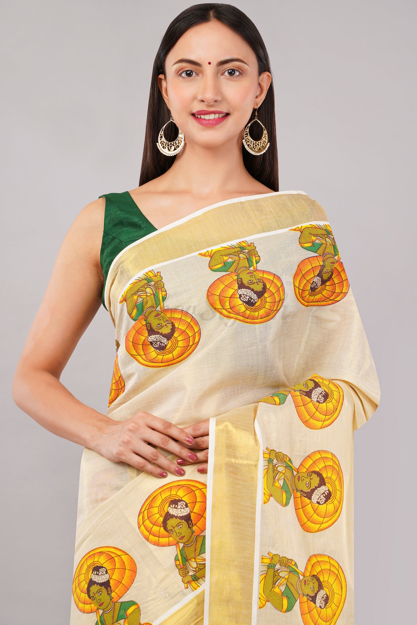 DhevStylish Kerala Kasavu Golden Tissue with Umberlla Women Design Print Saree with Running Blouse | Green, Red (Red, Green)