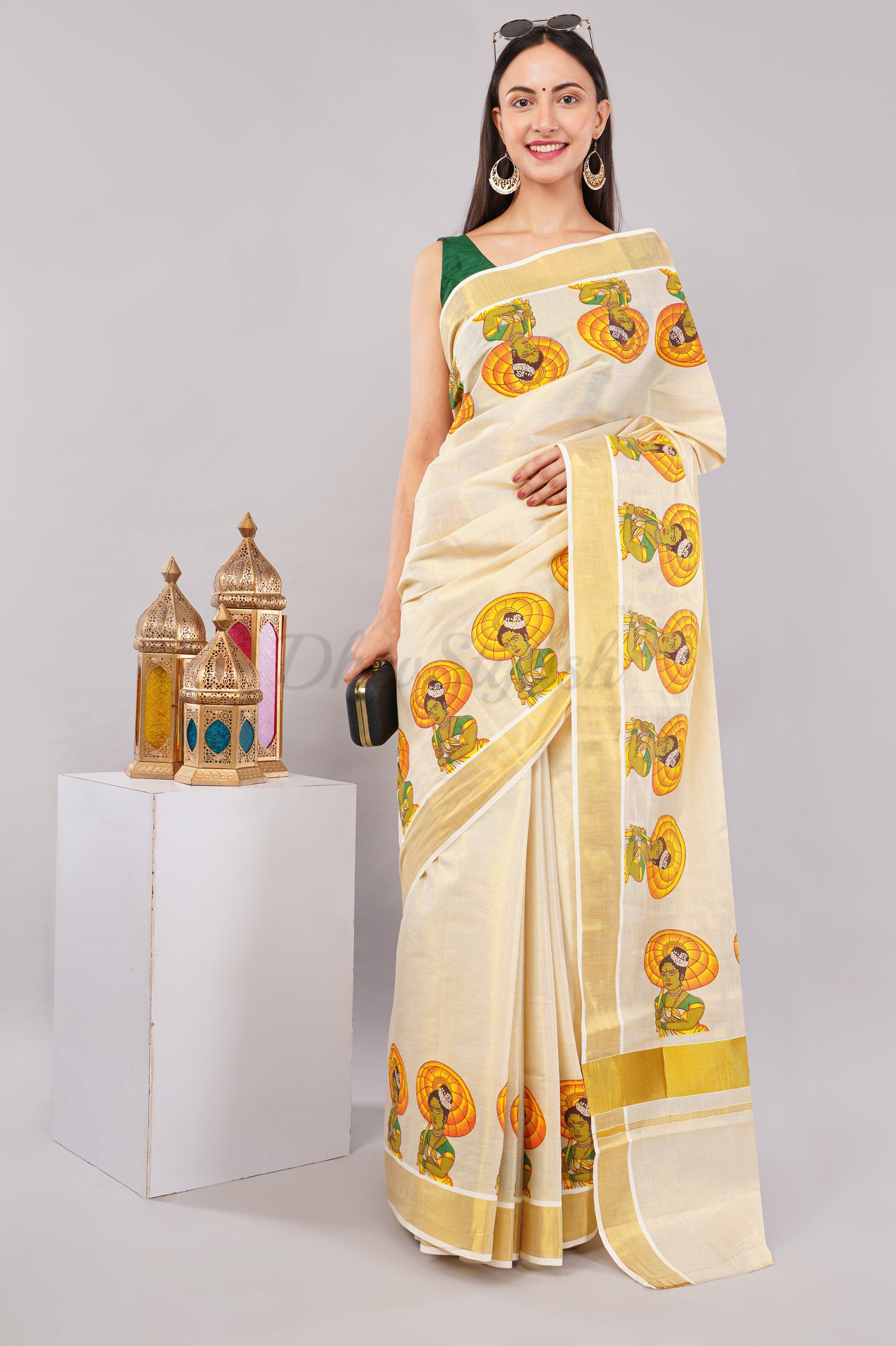 DhevStylish Kerala Kasavu Golden Tissue with Umberlla Women Design Print Saree with Running Blouse | Green, Red (Red, Green)