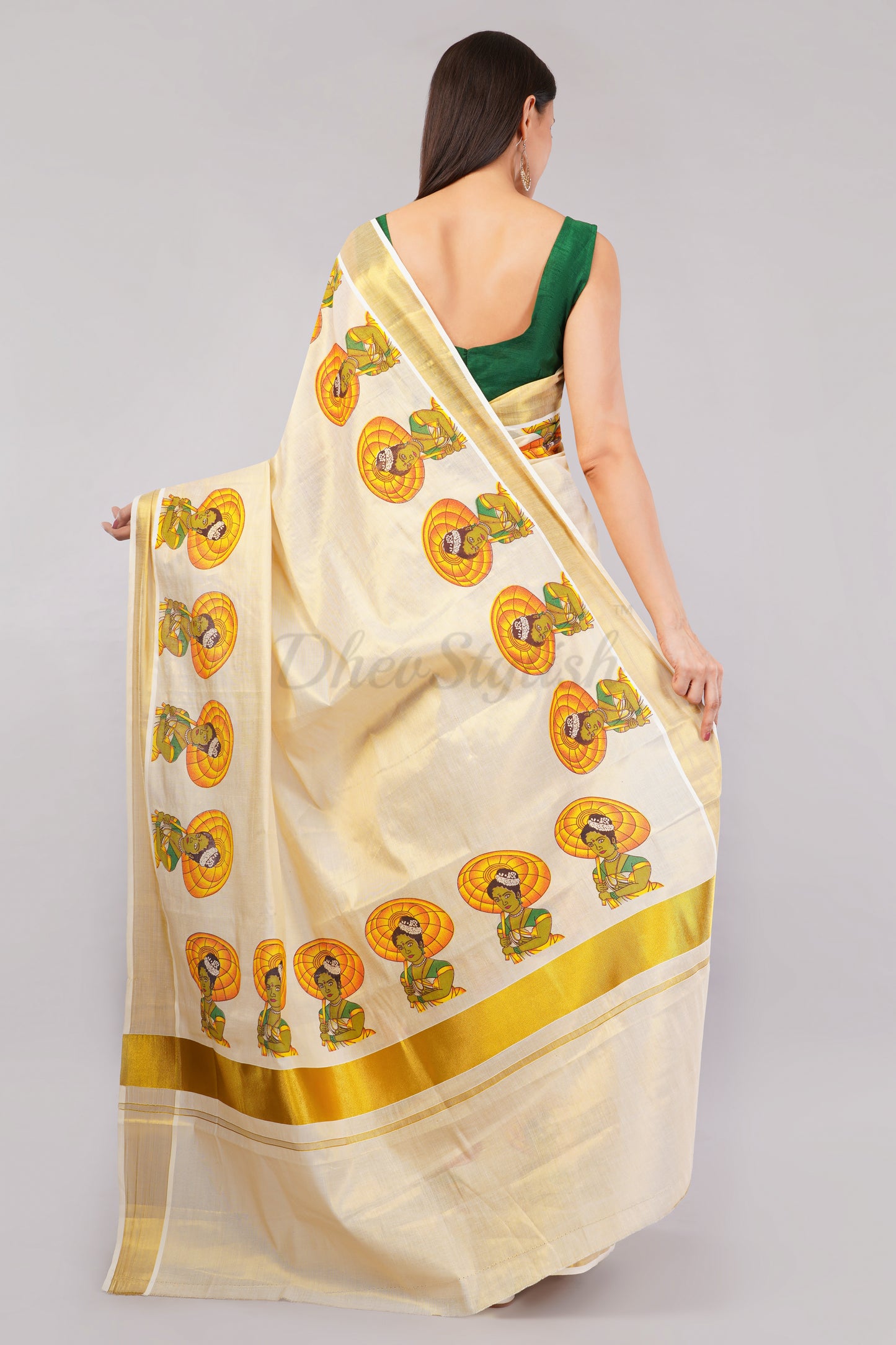 DhevStylish Kerala Kasavu Golden Tissue with Umberlla Women Design Print Saree with Running Blouse | Green, Red (Red, Green)