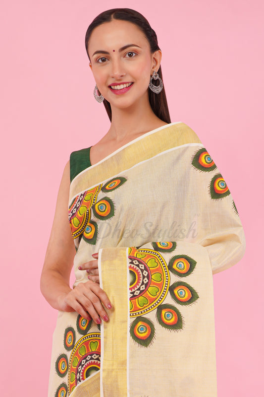 DhevStylish Kerala Kasavu Golden Tissue with Umbrella Peacock Feather Design Print Saree with Running Blouse | Green, Red (Light Blue, Green)