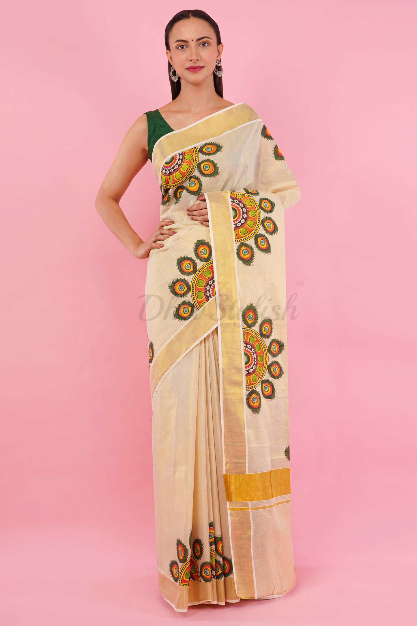 DhevStylish Kerala Kasavu Golden Tissue with Umbrella Peacock Feather Design Print Saree with Running Blouse | Green, Red (Light Blue, Green)