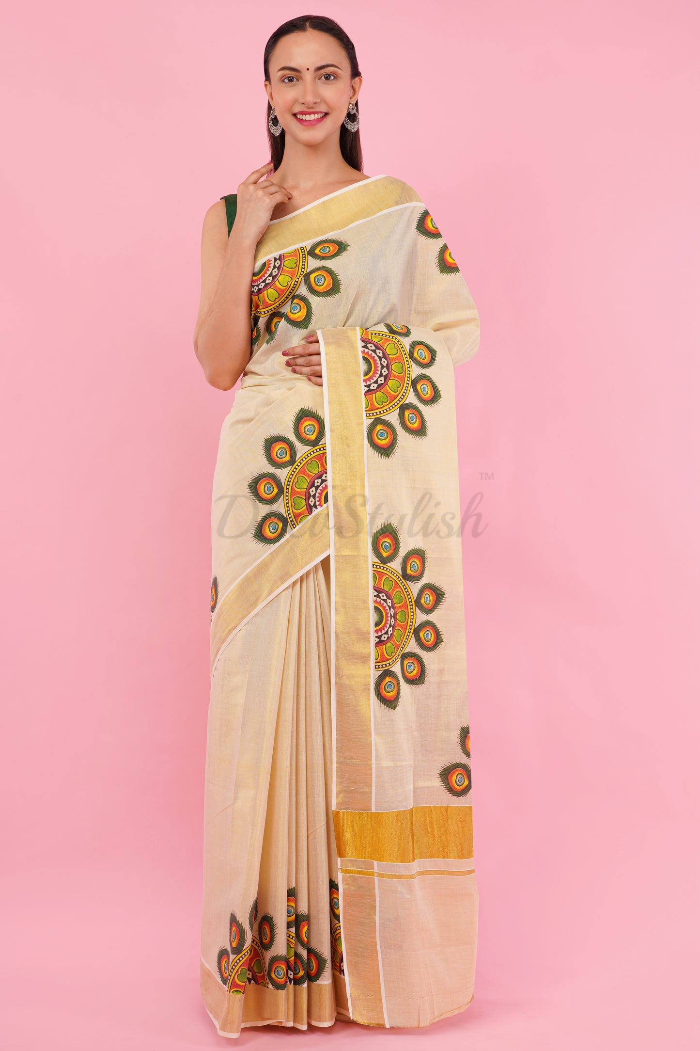 DhevStylish Kerala Kasavu Golden Tissue with Umbrella Peacock Feather Design Print Saree with Running Blouse | Green, Red (Light Blue, Green)