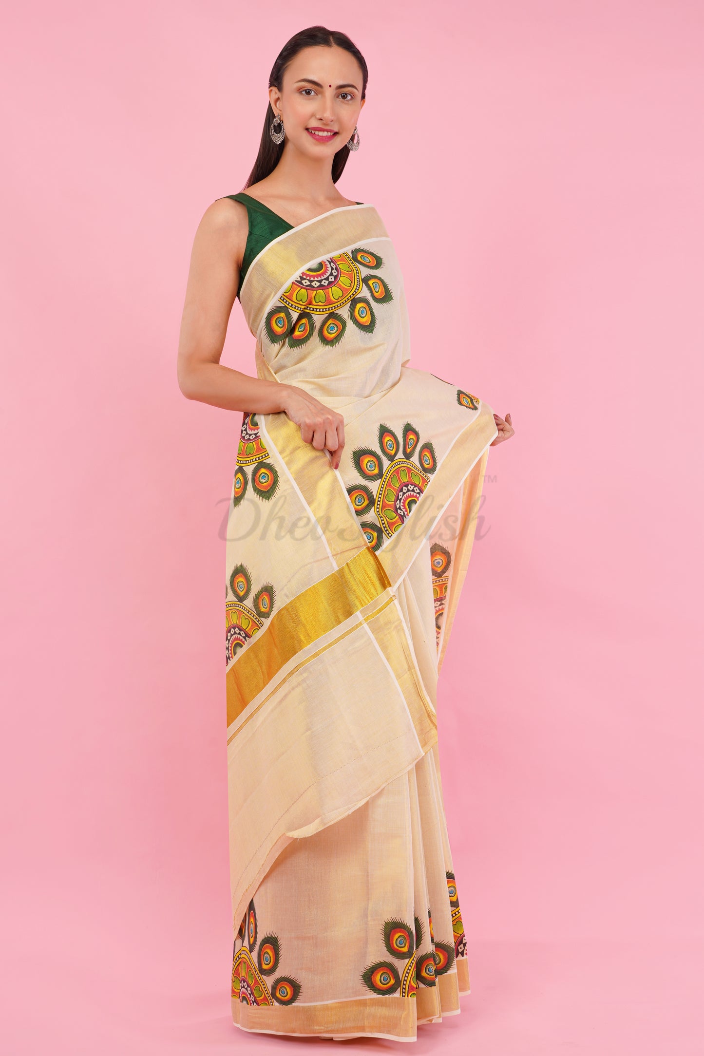 DhevStylish Kerala Kasavu Golden Tissue with Umbrella Peacock Feather Design Print Saree with Running Blouse | Green, Red (Light Blue, Green)