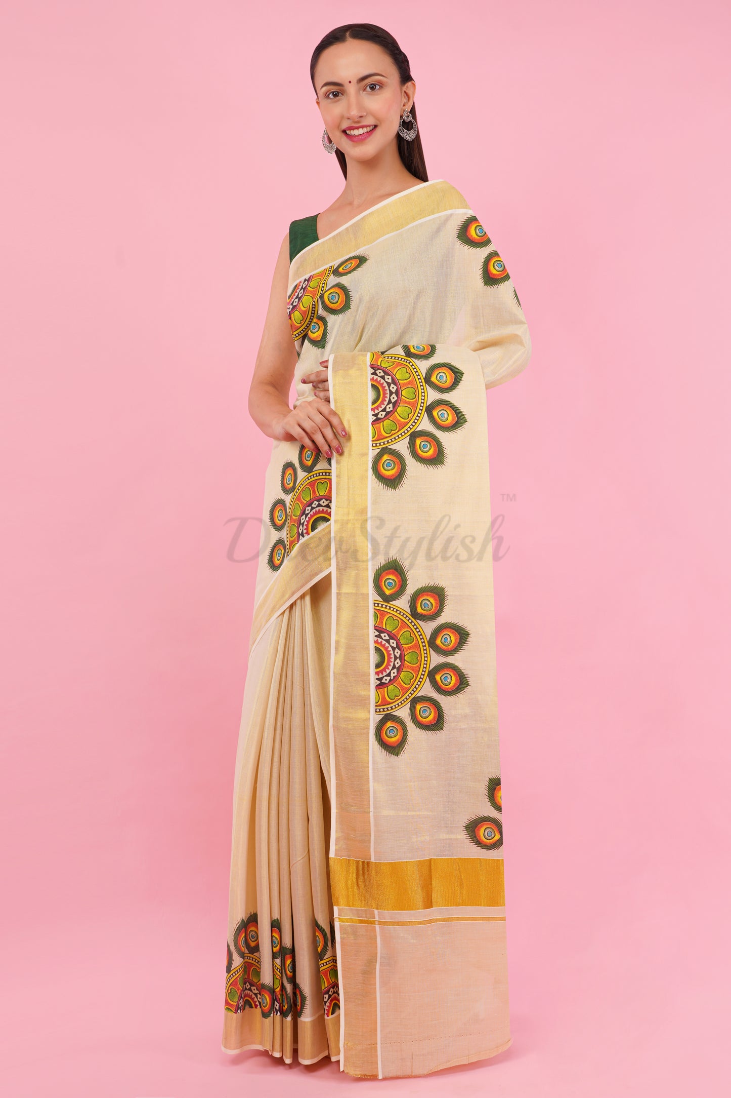 DhevStylish Kerala Kasavu Golden Tissue with Umbrella Peacock Feather Design Print Saree with Running Blouse | Green, Red (Light Blue, Green)