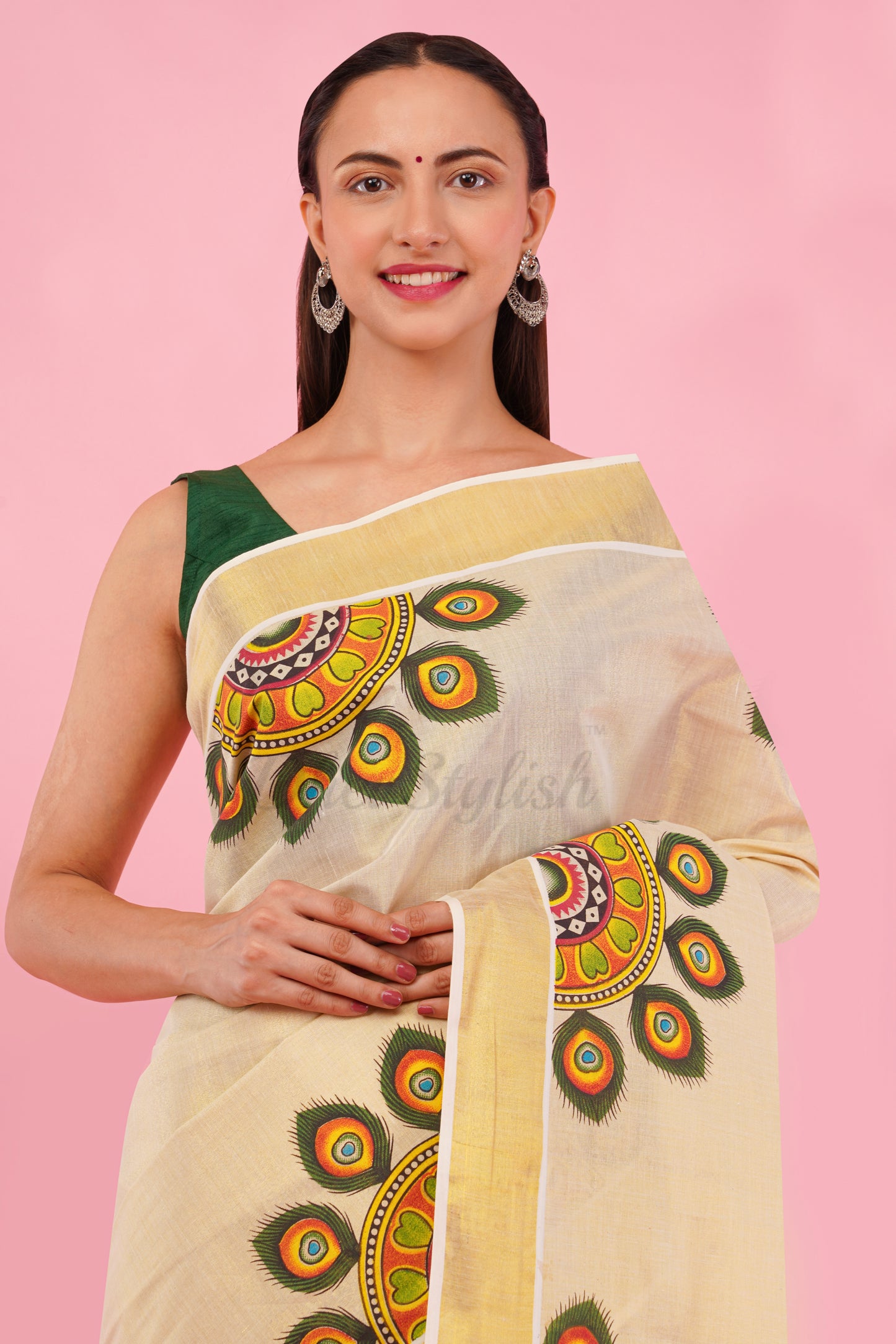 DhevStylish Kerala Kasavu Golden Tissue with Umbrella Peacock Feather Design Print Saree with Running Blouse | Green, Red (Light Blue, Green)