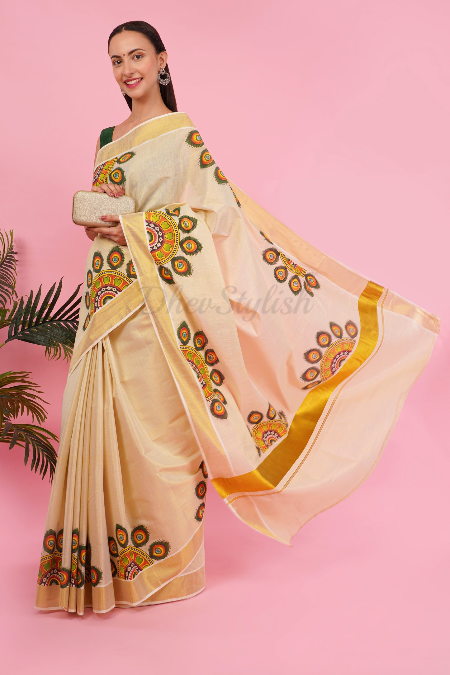 DhevStylish Kerala Kasavu Golden Tissue with Umbrella Peacock Feather Design Print Saree with Running Blouse | Green, Red (Light Blue, Green)