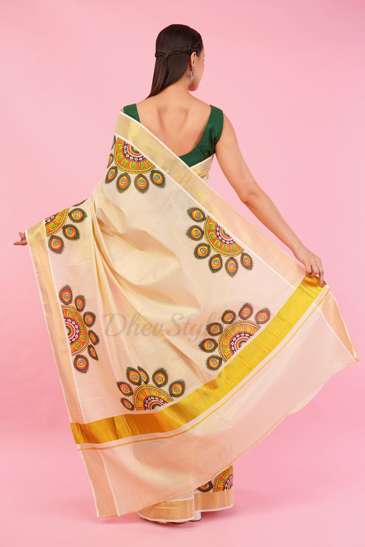DhevStylish Kerala Kasavu Golden Tissue with Umbrella Peacock Feather Design Print Saree with Running Blouse | Green, Red (Light Blue, Green)