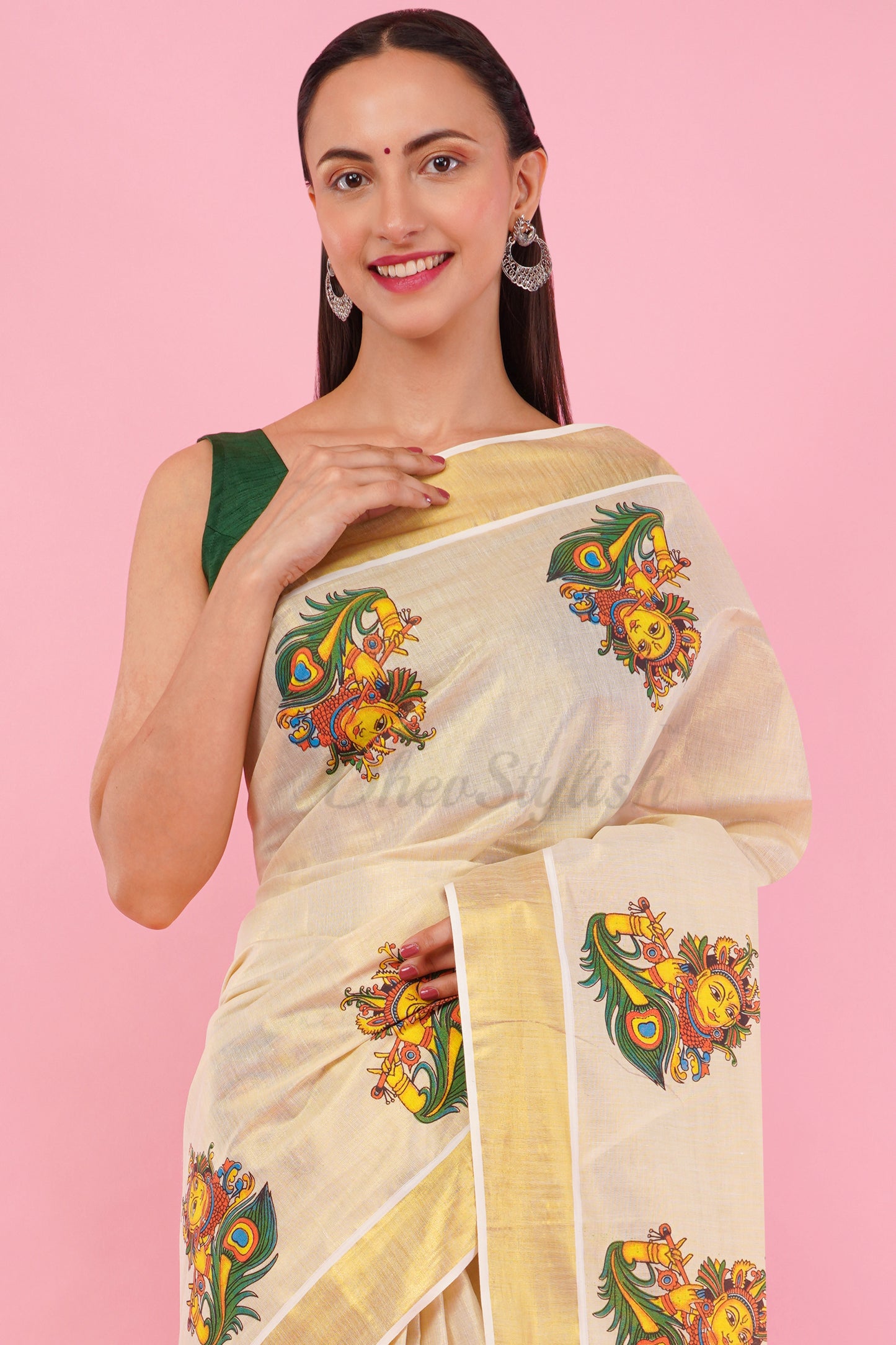 DhevStylish Kerala Kasavu Golden Tissue with Krishna Print Saree with Running Blouse