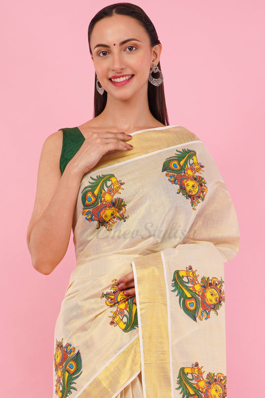 DhevStylish Kerala Kasavu Golden Tissue with Krishna Print Saree with Running Blouse