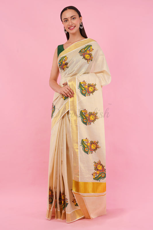 DhevStylish Kerala Kasavu Golden Tissue with Krishna Print Saree with Running Blouse