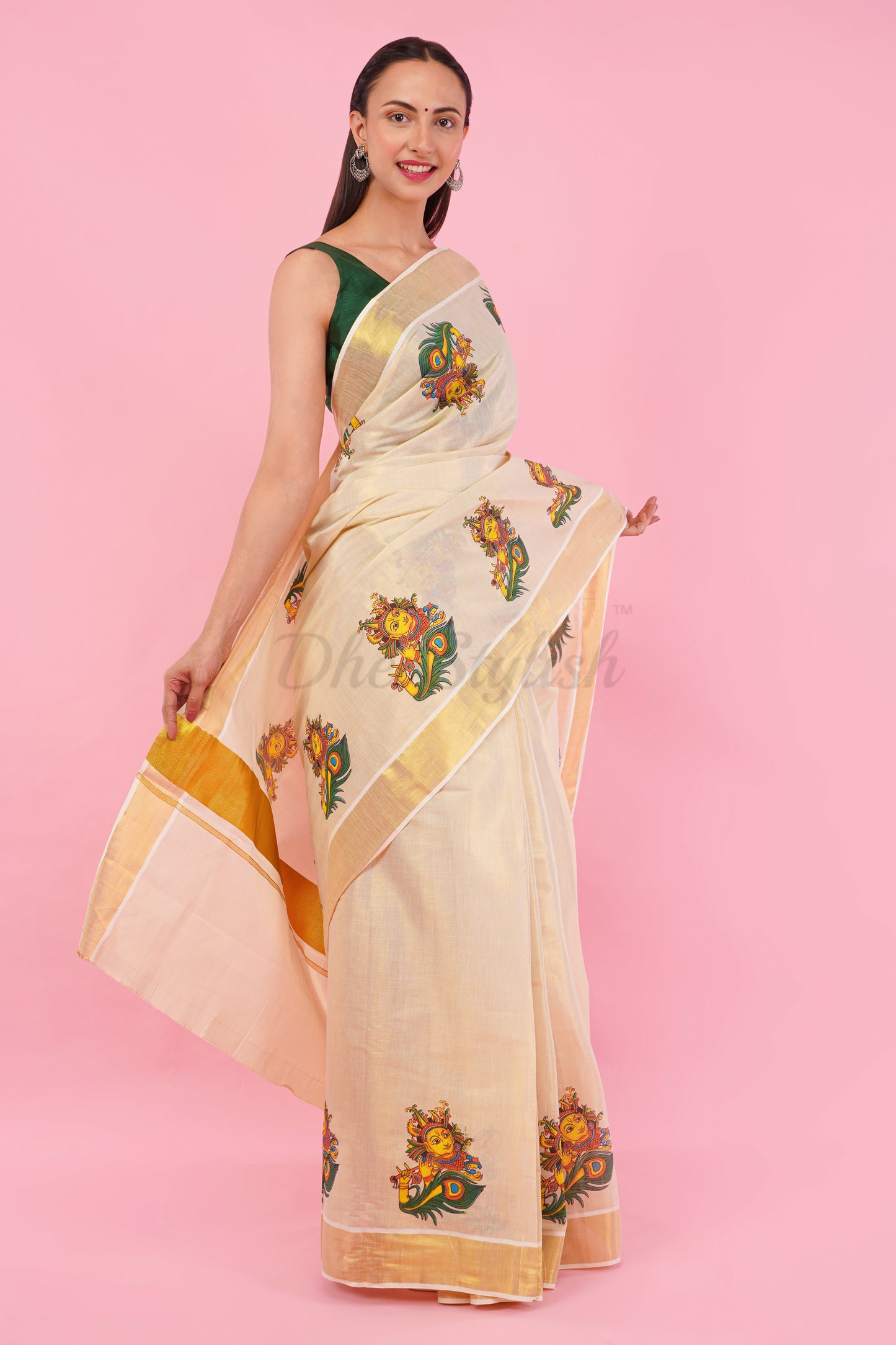 DhevStylish Kerala Kasavu Golden Tissue with Krishna Print Saree with Running Blouse