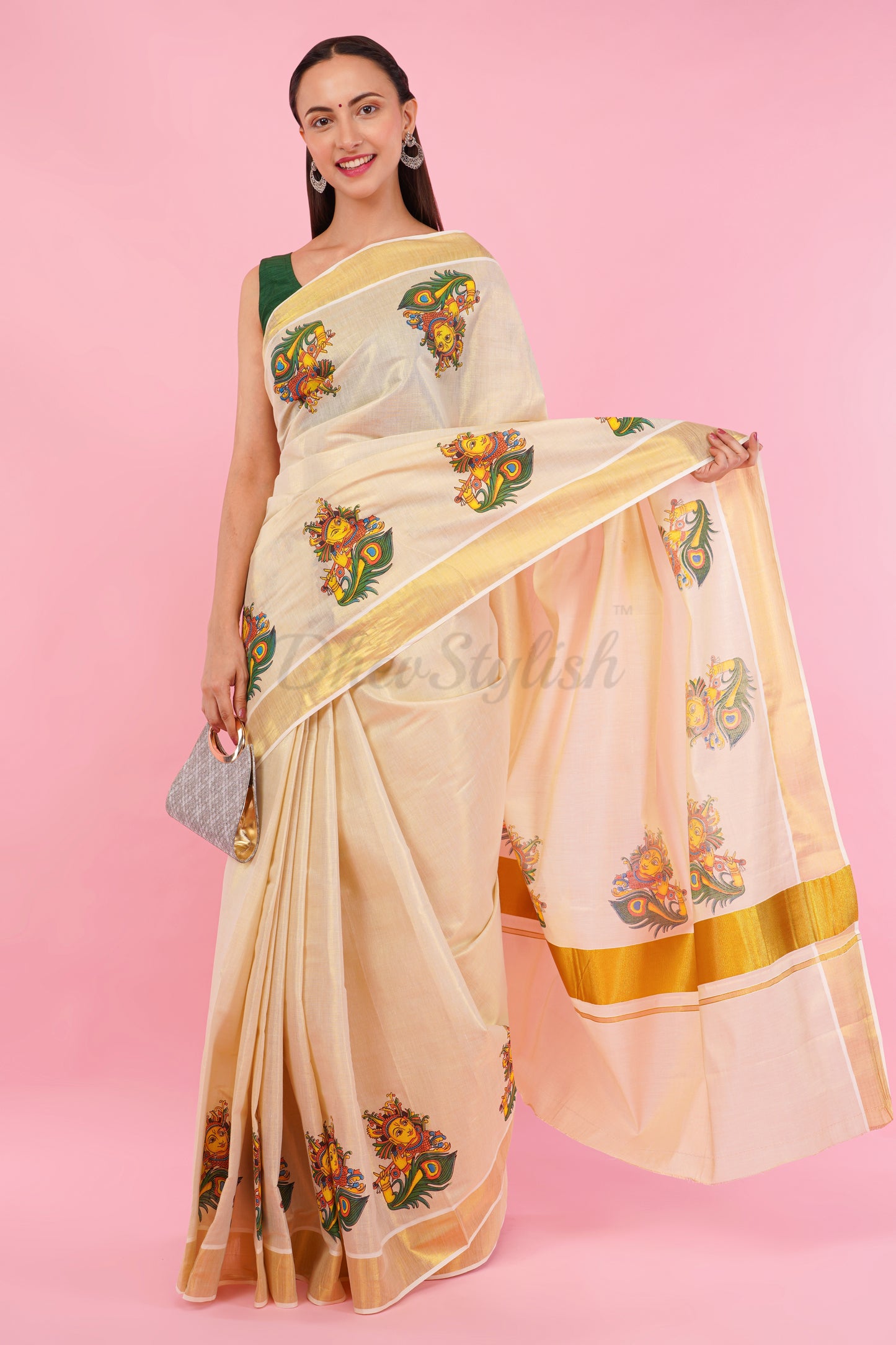 DhevStylish Kerala Kasavu Golden Tissue with Krishna Print Saree with Running Blouse