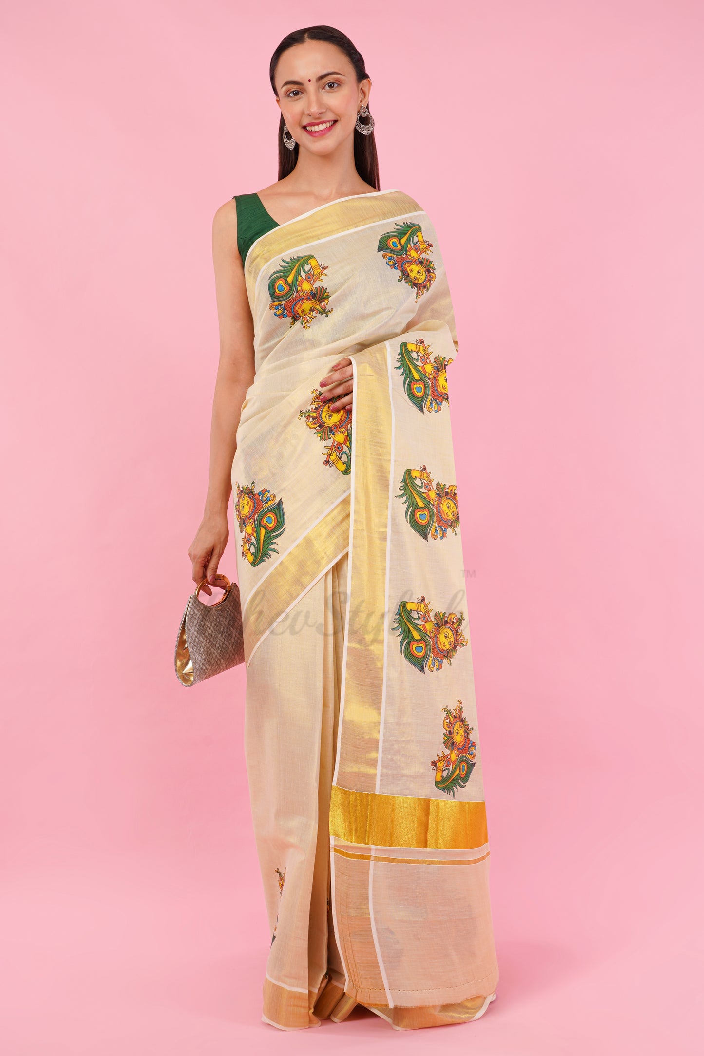 DhevStylish Kerala Kasavu Golden Tissue with Krishna Print Saree with Running Blouse