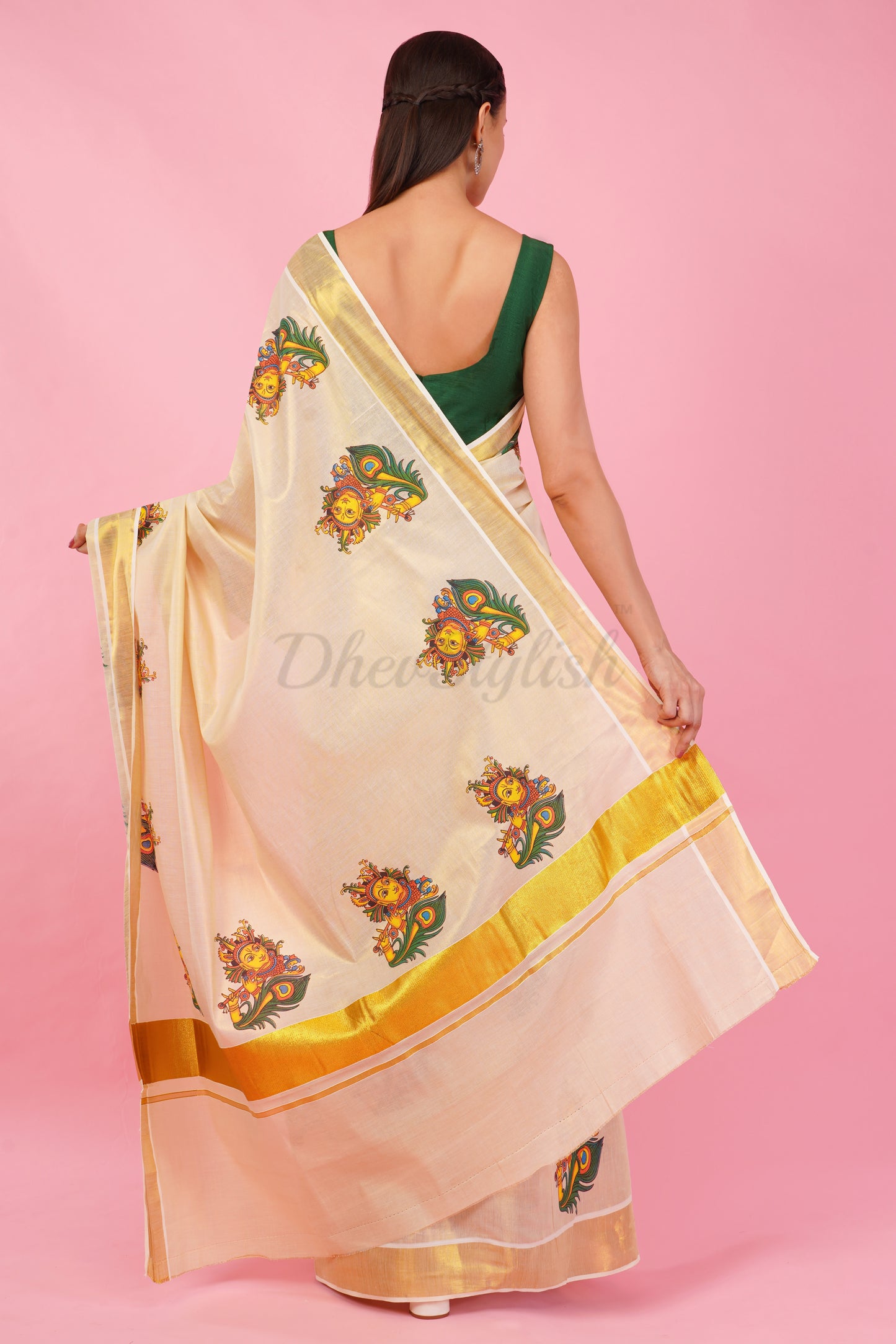 DhevStylish Kerala Kasavu Golden Tissue with Krishna Print Saree with Running Blouse