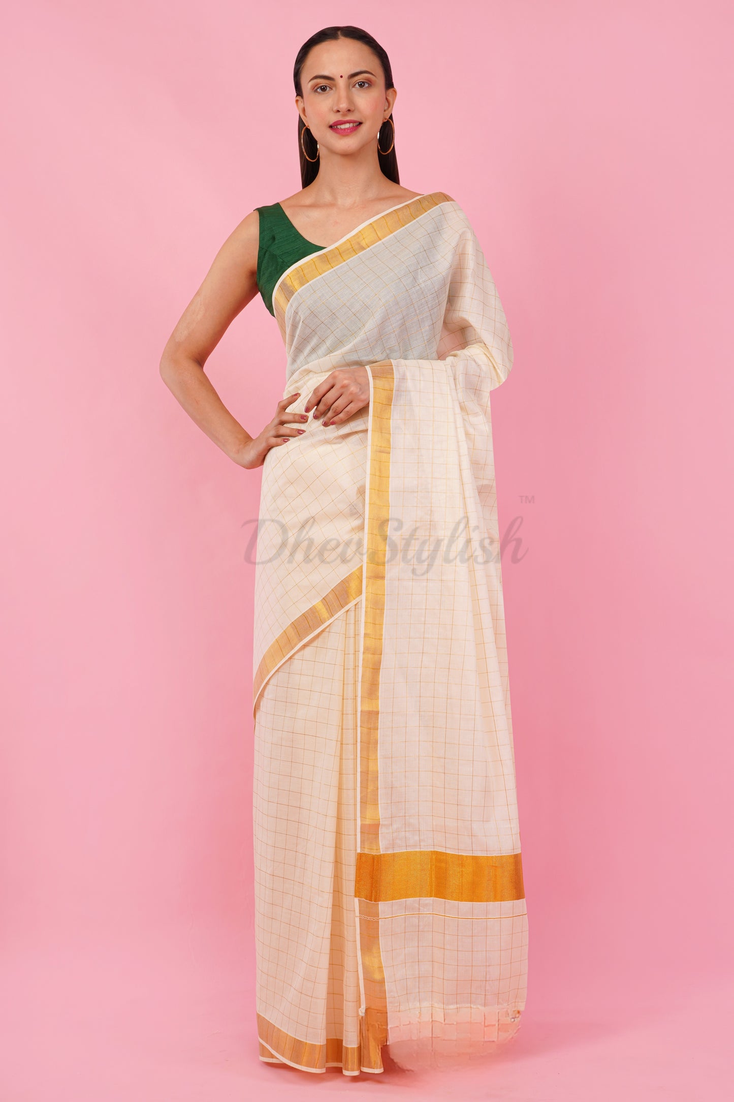 DhevStylish Womens Kerala Golden Checked Plain saree with Running Blouse only