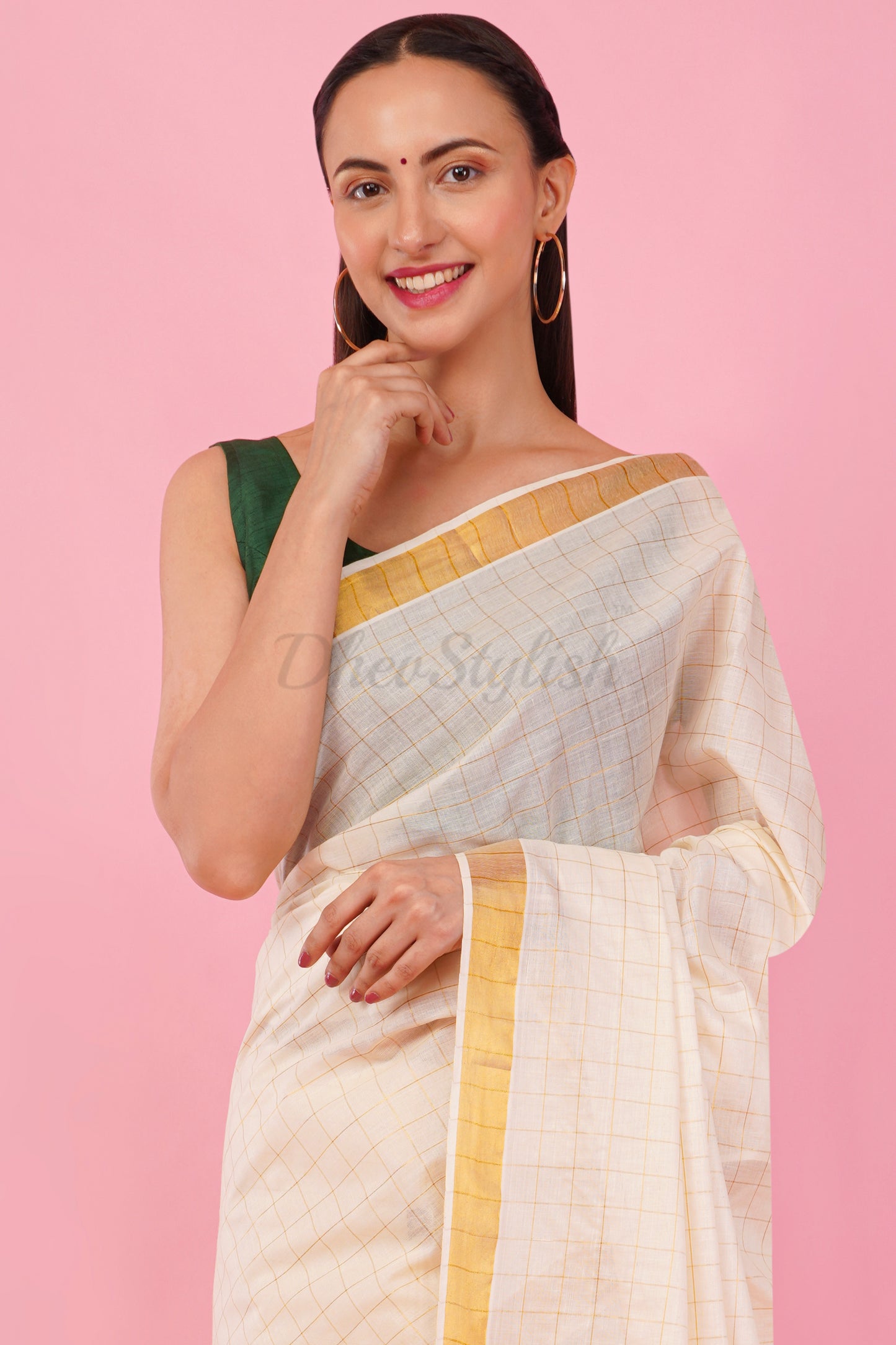 DhevStylish Womens Kerala Golden Checked Plain saree with Running Blouse only