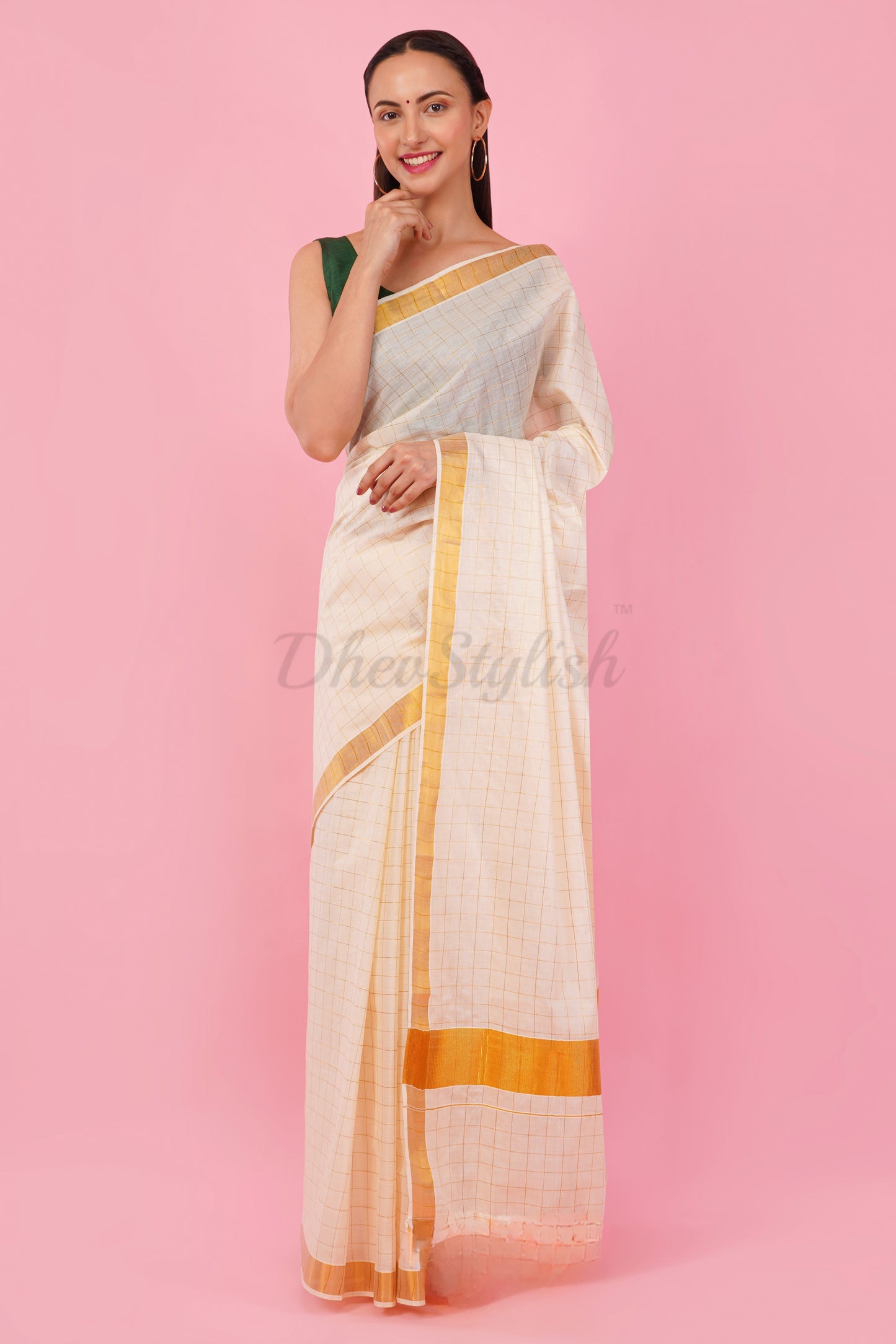 DhevStylish Womens Kerala Golden Checked Plain saree with Running Blouse only