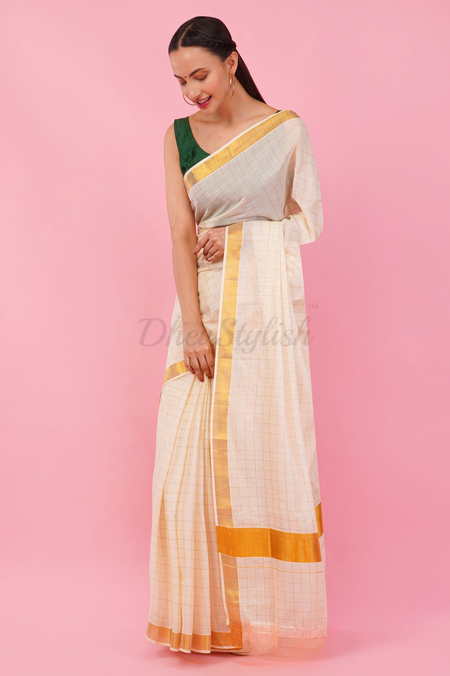 DhevStylish Womens Kerala Golden Checked Plain saree with Running Blouse only