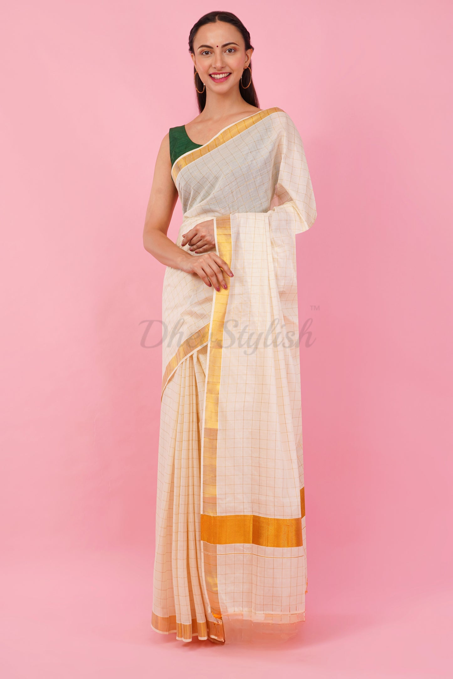 DhevStylish Womens Kerala Golden Checked Plain saree with Running Blouse only