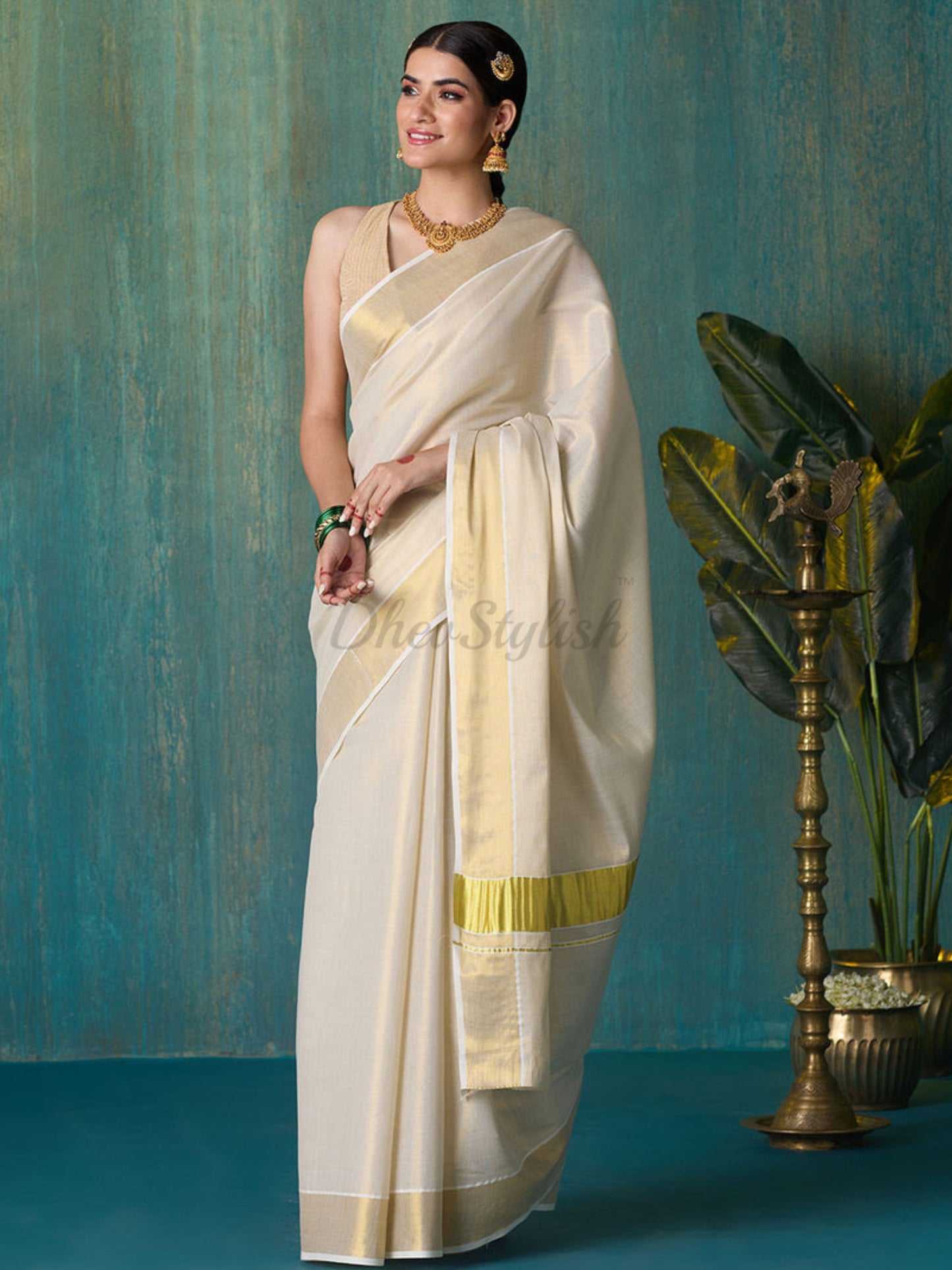 DhevStylish Women's Kerala Kasavu Golden Tissue Plain Saree with Running Blouse | Saree length: 6.25 Meters | Blouse: Running Blouse only