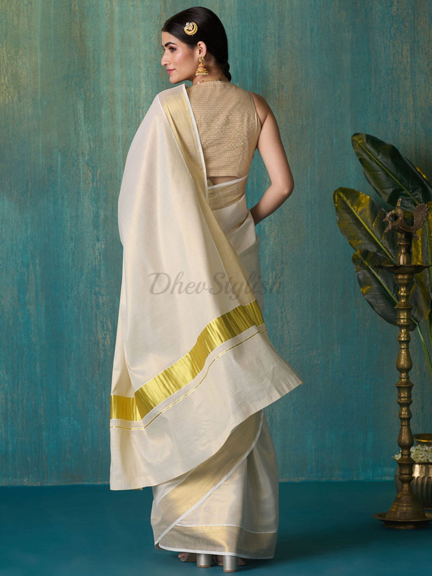 DhevStylish Women's Kerala Kasavu Golden Tissue Plain Saree with Running Blouse | Saree length: 6.25 Meters | Blouse: Running Blouse only