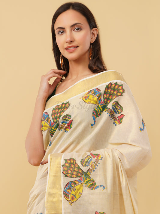 DhevStylish Kerala Kasavu Golden Tissue with Fancy Peacock Design Print Saree with Running Blouse | Blue, Green, Red