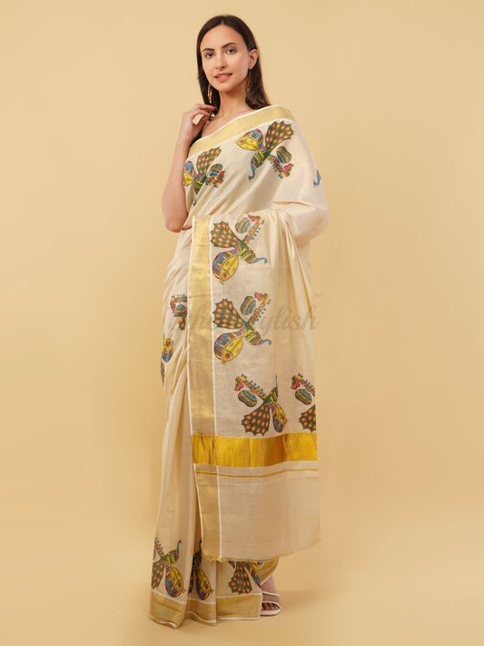 DhevStylish Kerala Kasavu Golden Tissue with Fancy Peacock Design Print Saree with Running Blouse | Blue, Green, Red
