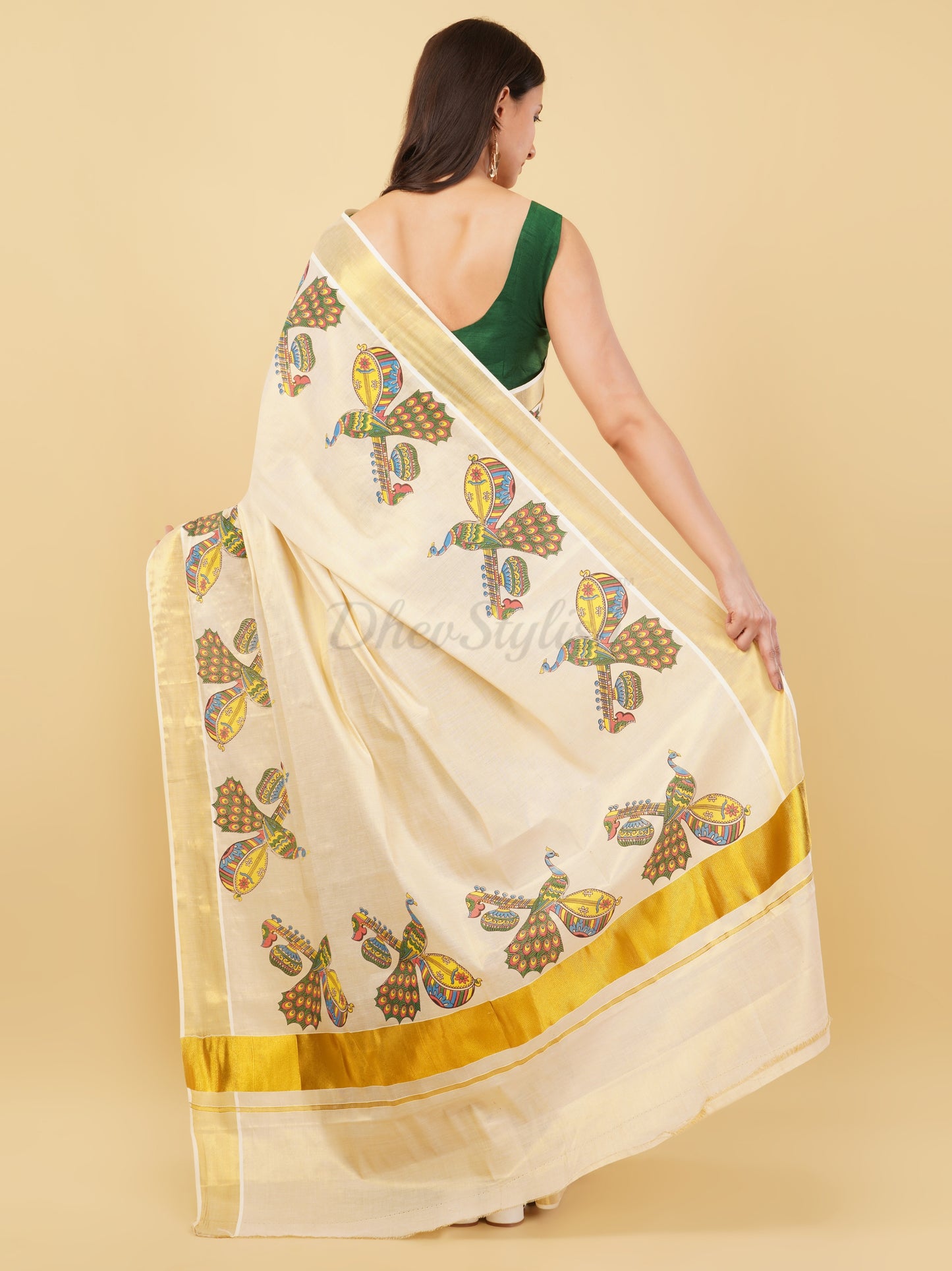 DhevStylish Kerala Kasavu Golden Tissue with Fancy Peacock Design Print Saree with Running Blouse | Blue, Green, Red