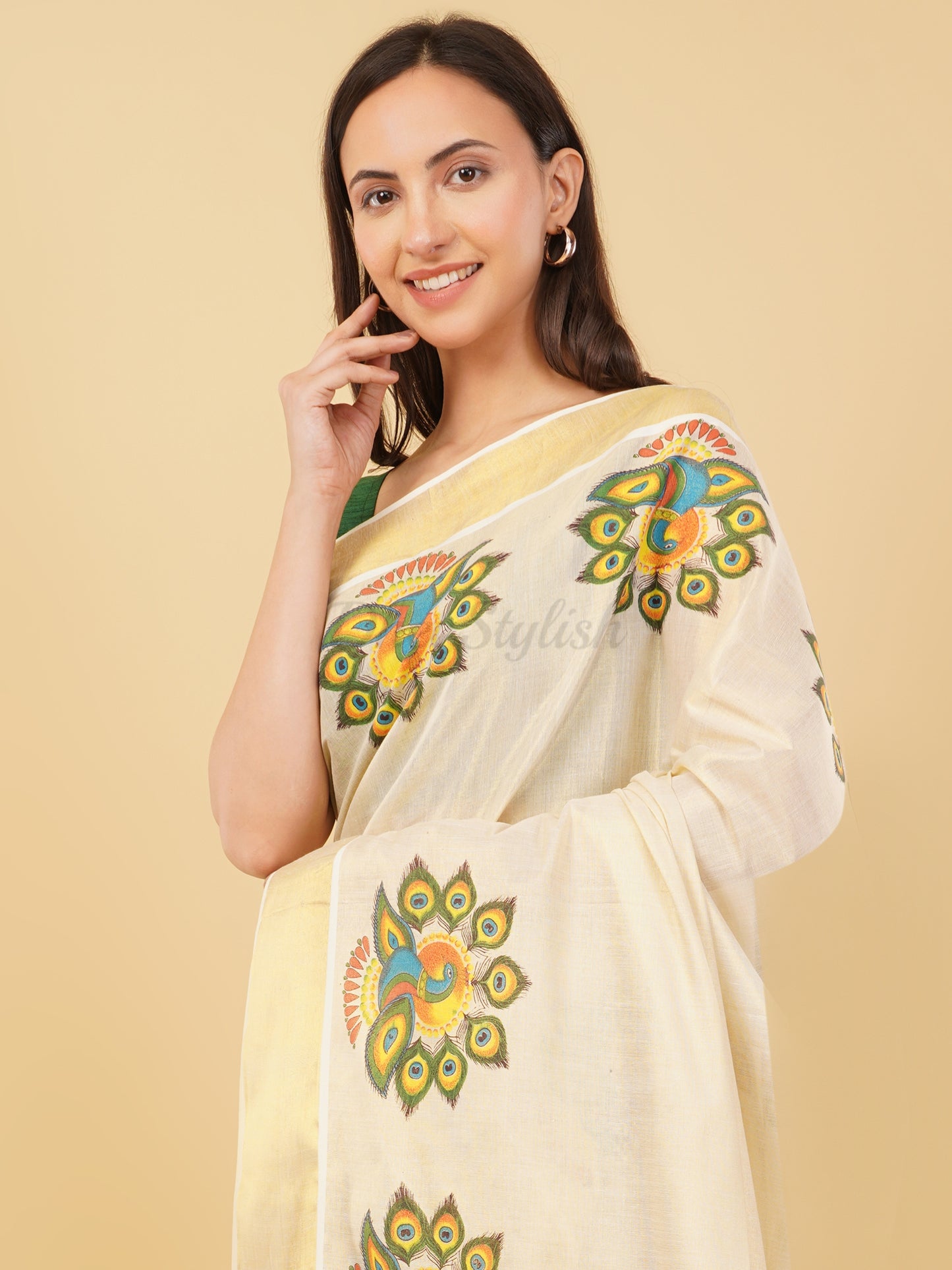 DhevStylish Kerala Kasavu Golden Tissue with Fancy Peacock Design Print Saree with Running Blouse | Tissue Saree For Women | Blue, Green, Red
