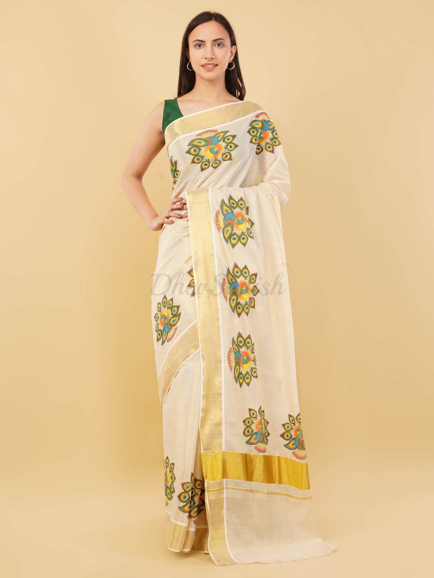 DhevStylish Kerala Kasavu Golden Tissue with Fancy Peacock Design Print Saree with Running Blouse | Tissue Saree For Women | Blue, Green, Red