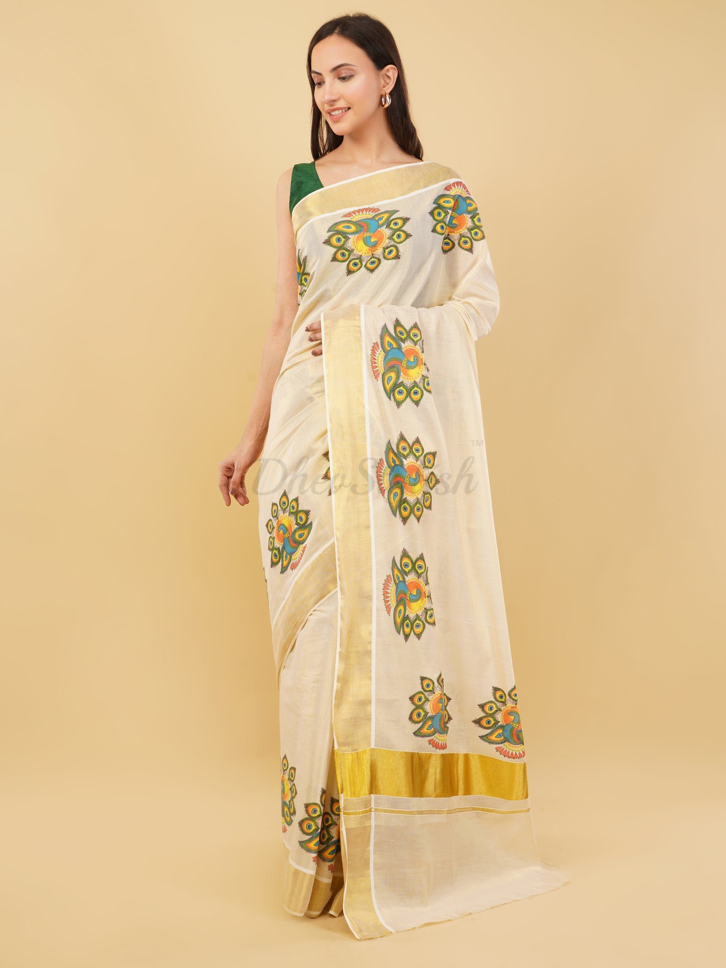DhevStylish Kerala Kasavu Golden Tissue with Fancy Peacock Design Print Saree with Running Blouse | Tissue Saree For Women | Blue, Green, Red