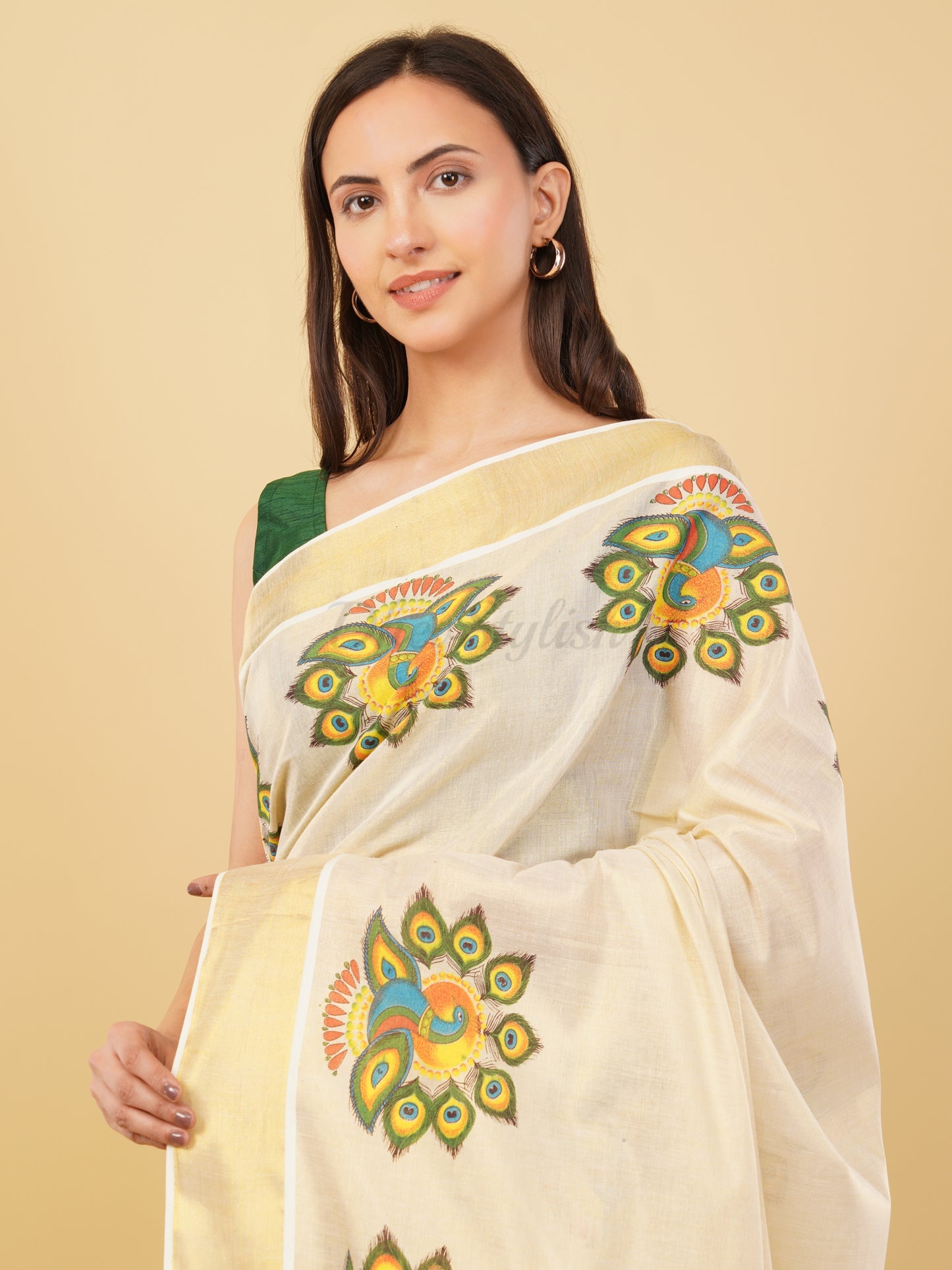DhevStylish Kerala Kasavu Golden Tissue with Fancy Peacock Design Print Saree with Running Blouse | Tissue Saree For Women | Blue, Green, Red