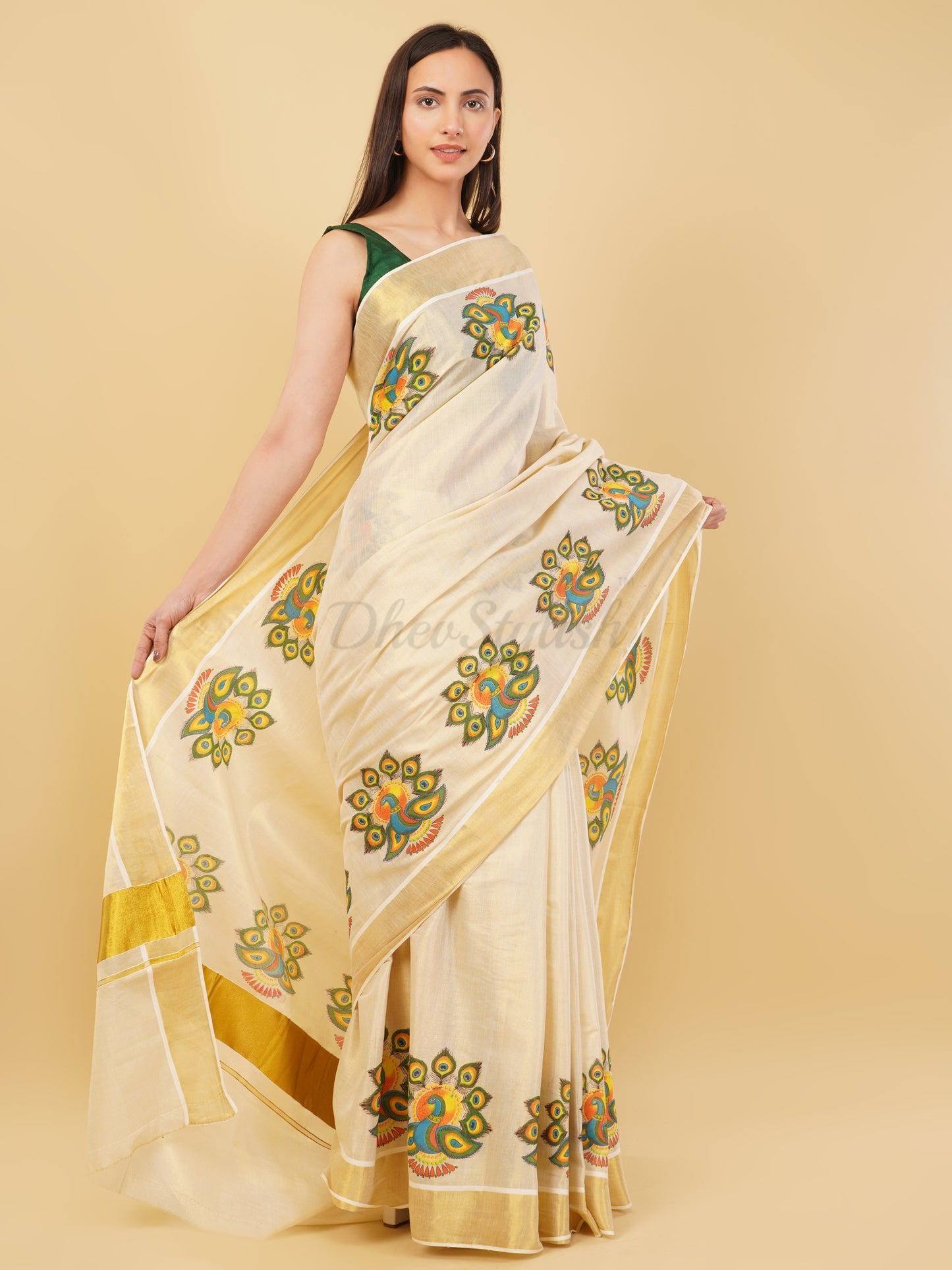 DhevStylish Kerala Kasavu Golden Tissue with Fancy Peacock Design Print Saree with Running Blouse | Tissue Saree For Women | Blue, Green, Red