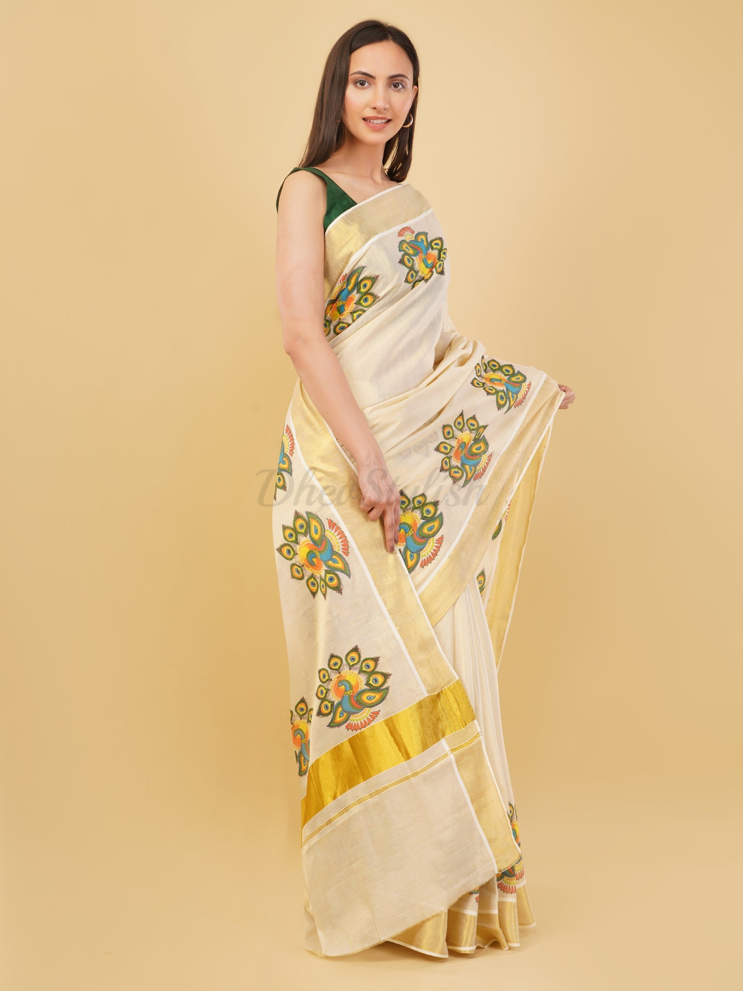 DhevStylish Kerala Kasavu Golden Tissue with Fancy Peacock Design Print Saree with Running Blouse | Tissue Saree For Women | Blue, Green, Red