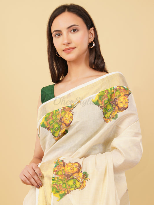 DhevStylish Kerala Kasavu Golden Tissue with Ratha Krishna Design Print Saree with Running Blouse | Tissue Saree For Women | Green, Gold